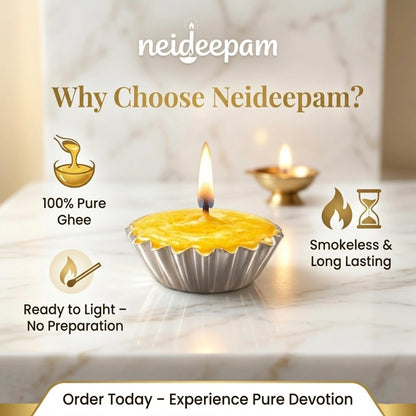 SSC® Ready-made pure Ghee Diya, 90-Minute Burn Time, Indoor Use, Aluminium Cup, NABL Tested & Certified