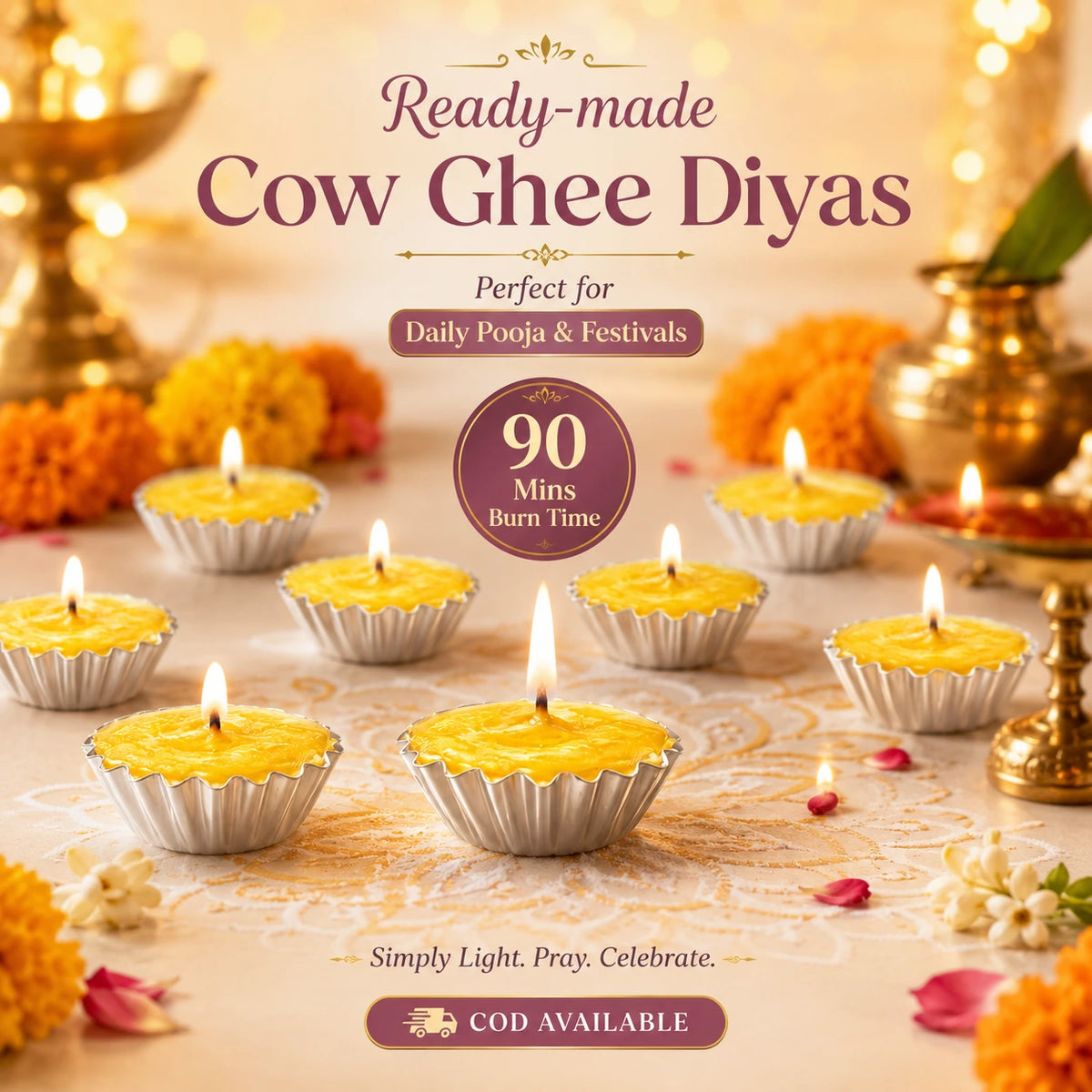 SSC® Ready-made pure Ghee Diya, 90-Minute Burn Time, Indoor Use, Aluminium Cup, NABL Tested & Certified