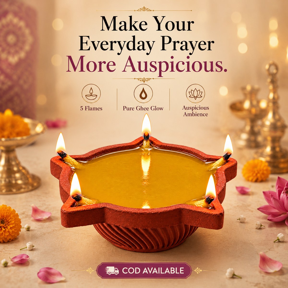 SSC® Panchamukhi Ghee Diya, Burn Time - 1.5 Hrs (Per Pcs), Tested & Certified by NABL