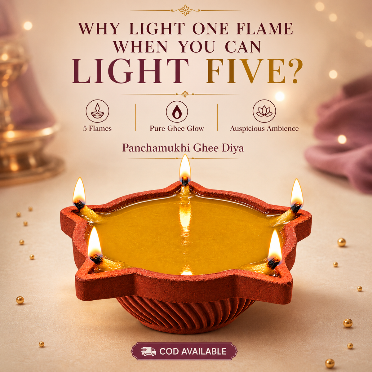 SSC® Panchamukhi Ghee Diya, Burn Time - 1.5 Hrs (Per Pcs), Tested & Certified by NABL