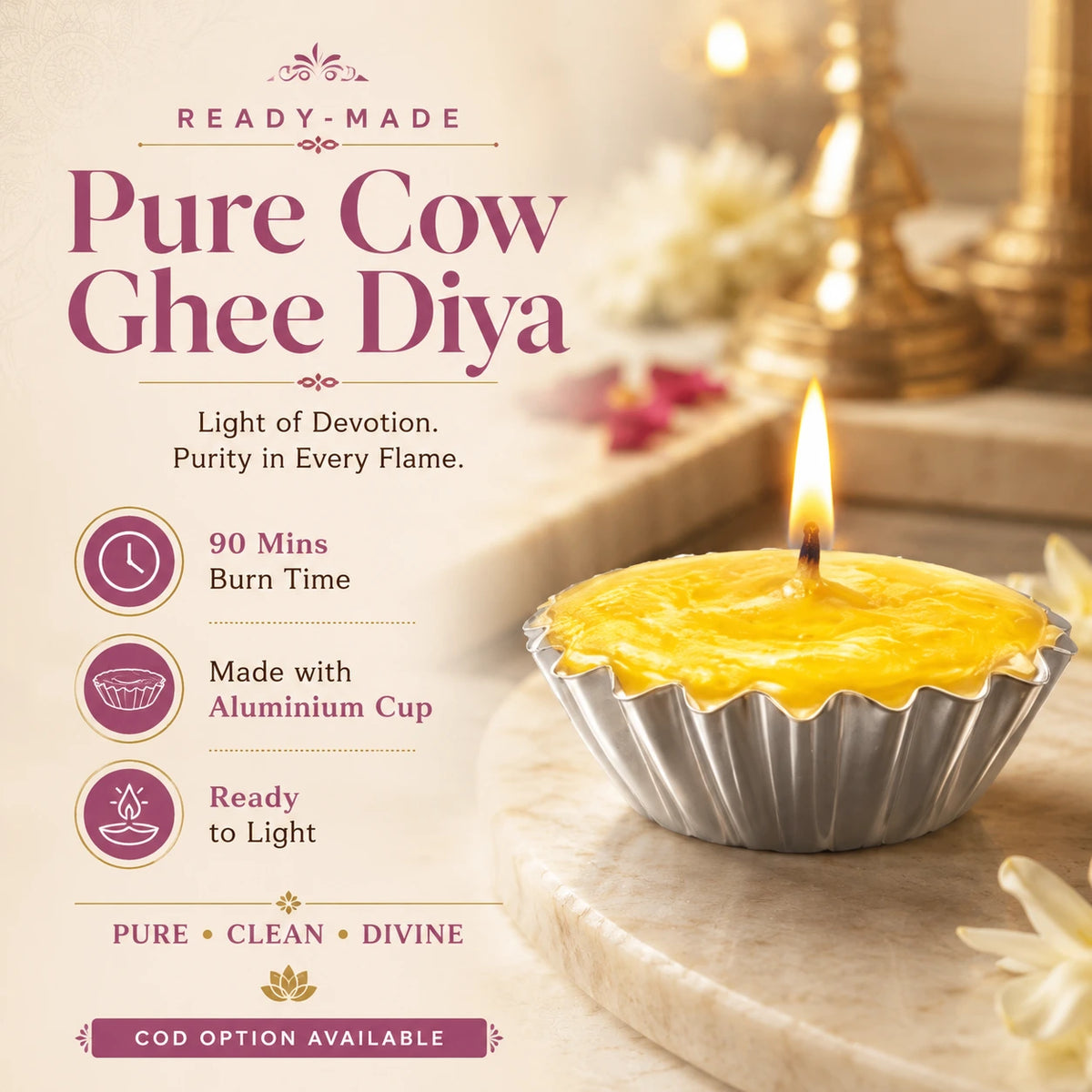 SSC® Ready-made pure Ghee Diya, 90-Minute Burn Time, Indoor Use, Aluminium Cup, NABL Tested & Certified