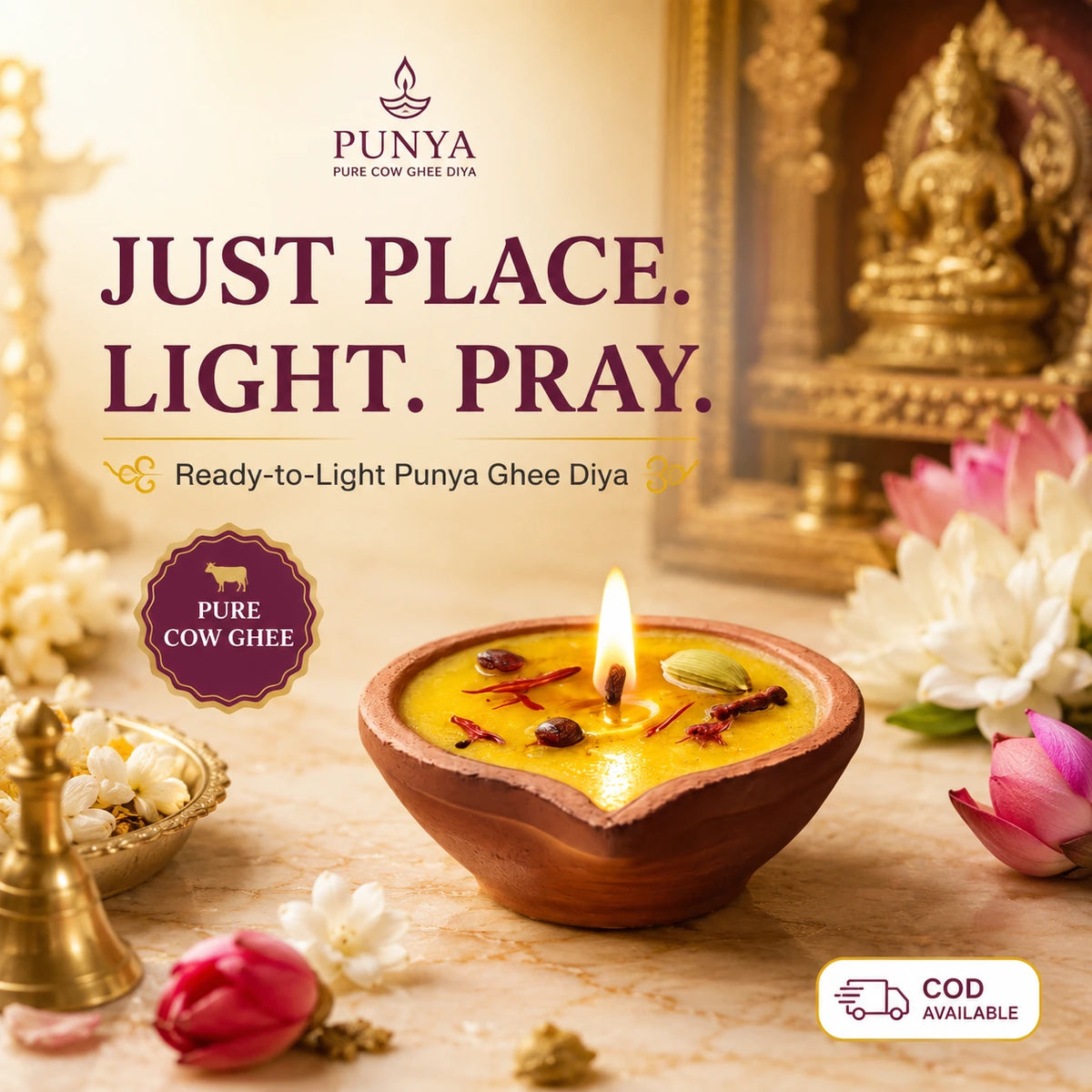 SSC® Punya Cow Ghee Deepam, Handmade, Natural, Ready to Use