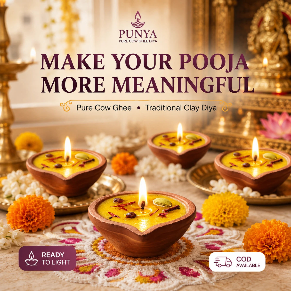 SSC® Punya Cow Ghee Deepam, Handmade, Natural, Ready to Use